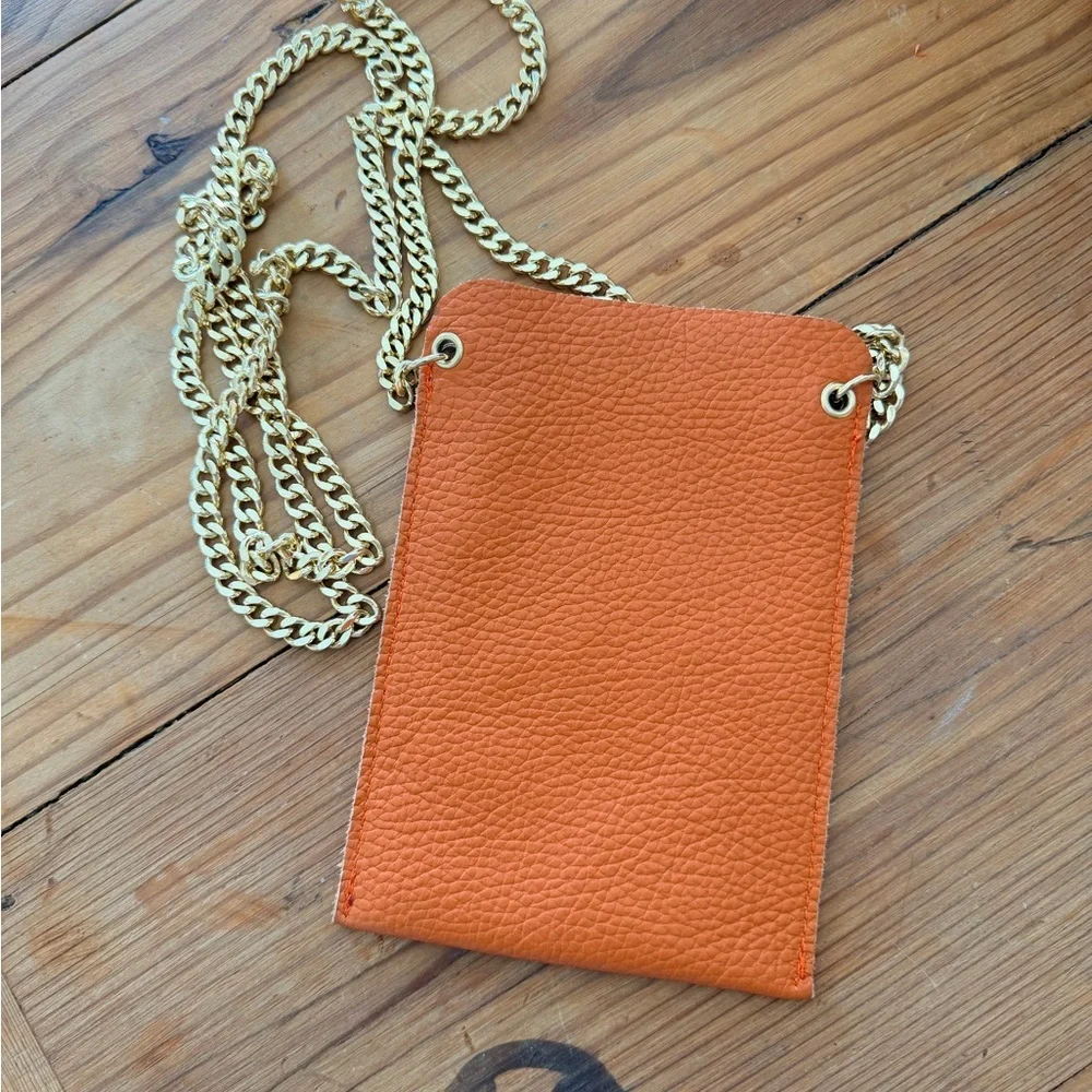 Orange Leather Crossbody Phone Bag with Gold Chain - Picture 3 of 4